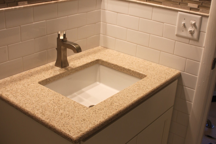 remodeled bathroom, square sink, ceramic tile, decos