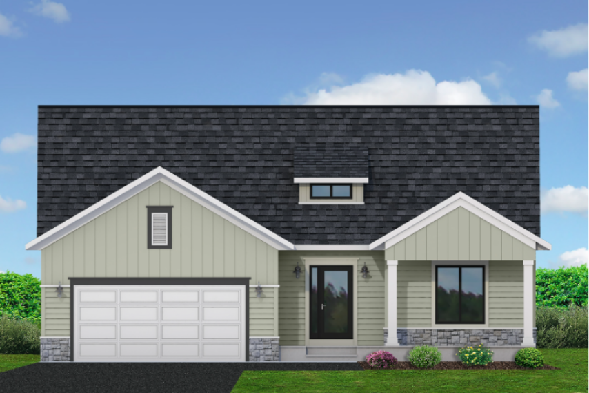 Rendering of a customizable Cardinal Reserve villa with stone accents, front porch, and attached two-car garage, available to build on homesites in Cottage Grove.