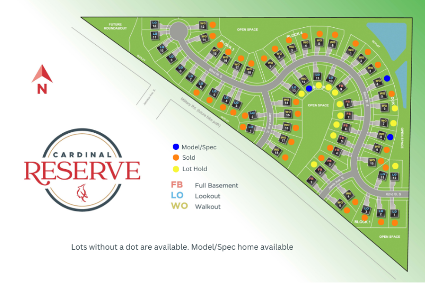 Cardinal Reserve community lot map showing homesite availability in Cottage Grove. Blue dots mark model/spec homes, red dots mark sold lots, and yellow dots mark lots on hold. Lots without dots are available.