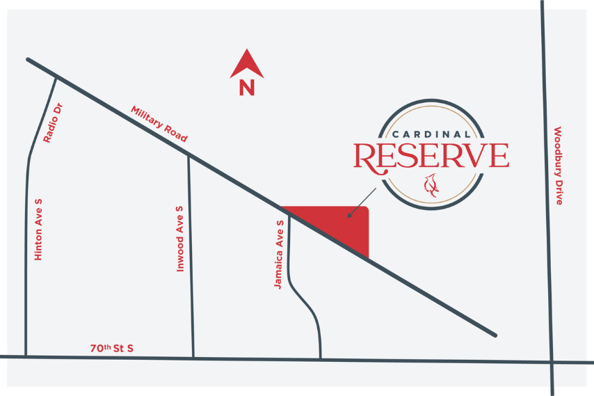 Map showing the location of Cardinal Reserve in Cottage Grove, MN, near Military Road, Jamaica Ave S, and Woodbury Drive.