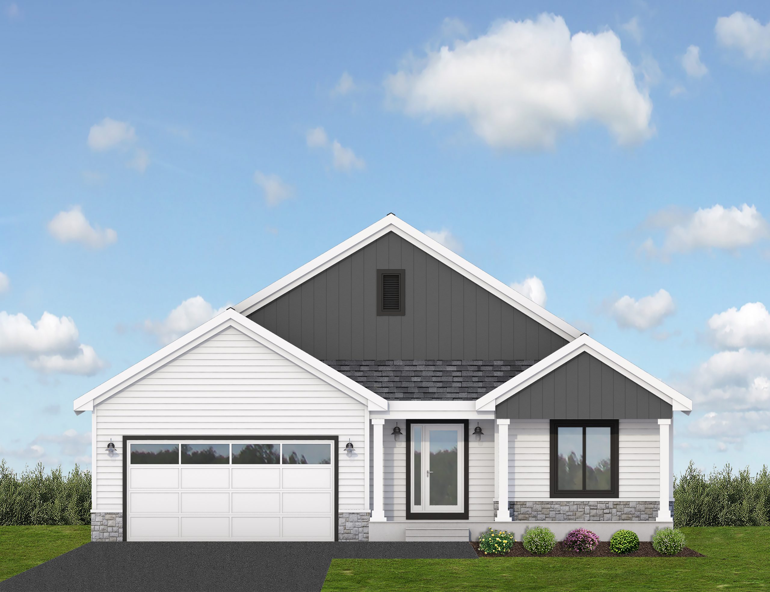 Rendering of a customizable Cardinal Reserve villa with stone accents, front porch, and attached two-car garage, available to build on homesites in Cottage Grove.
