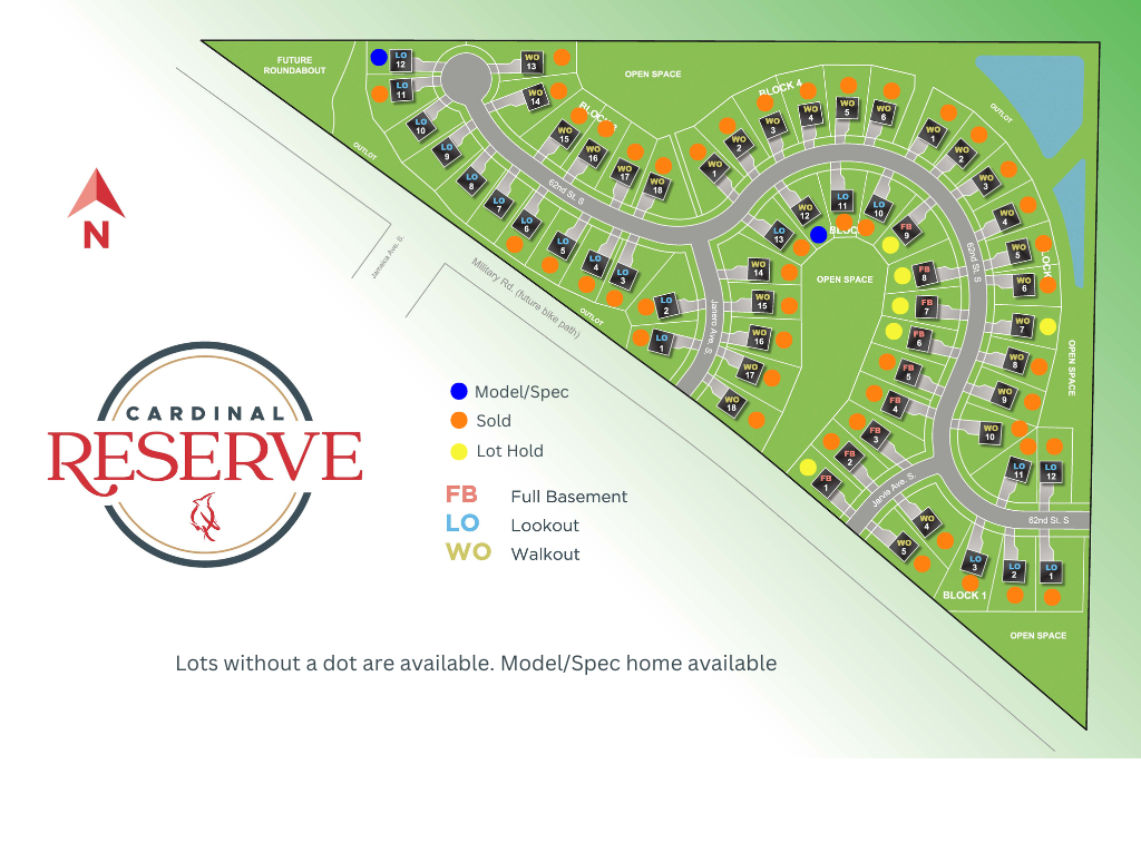 Cardinal Reserve community lot map showing homesite availability in Cottage Grove. Blue dots mark model/spec homes, red dots mark sold lots, and yellow dots mark lots on hold. Lots without dots are available.
