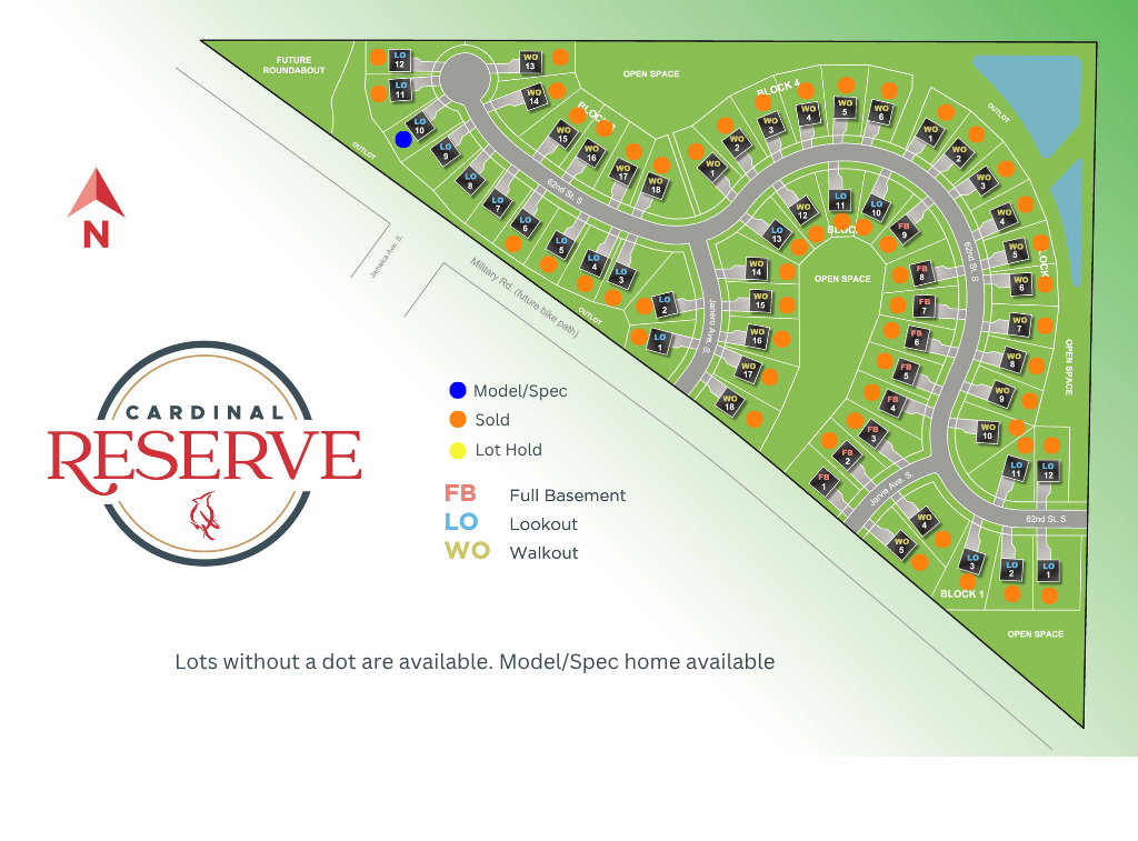 Cardinal Reserve community lot map showing homesite availability in Cottage Grove. Blue dots mark model/spec homes, red dots mark sold lots, and yellow dots mark lots on hold. Lots without dots are available.